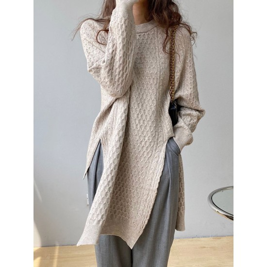 Original Irregular 5 Colors Split-Side Round-Neck Long Sleeves Sweater Top Original Irregular 5 Colors Split-Side Round-Neck Long Sleeves Sweater Top
