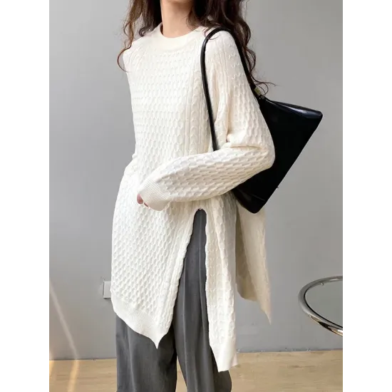 Original Irregular 5 Colors Split-Side Round-Neck Long Sleeves Sweater Top Original Irregular 5 Colors Split-Side Round-Neck Long Sleeves Sweater Top