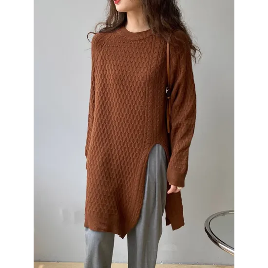 Original Irregular 5 Colors Split-Side Round-Neck Long Sleeves Sweater Top Original Irregular 5 Colors Split-Side Round-Neck Long Sleeves Sweater Top