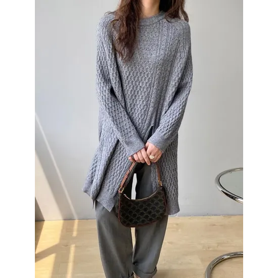 Original Irregular 5 Colors Split-Side Round-Neck Long Sleeves Sweater Top Original Irregular 5 Colors Split-Side Round-Neck Long Sleeves Sweater Top