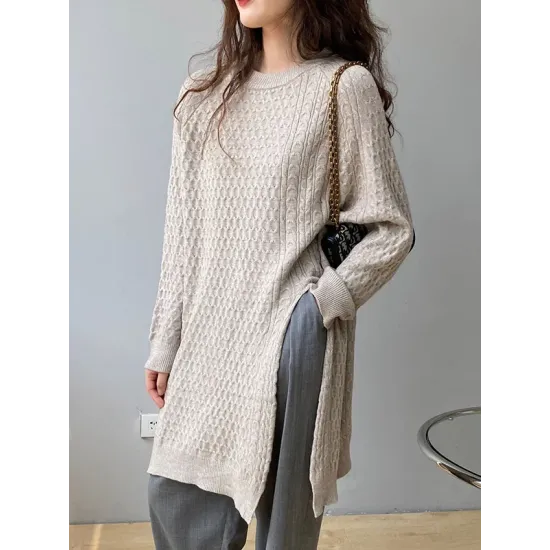 Original Irregular 5 Colors Split-Side Round-Neck Long Sleeves Sweater Top Original Irregular 5 Colors Split-Side Round-Neck Long Sleeves Sweater Top