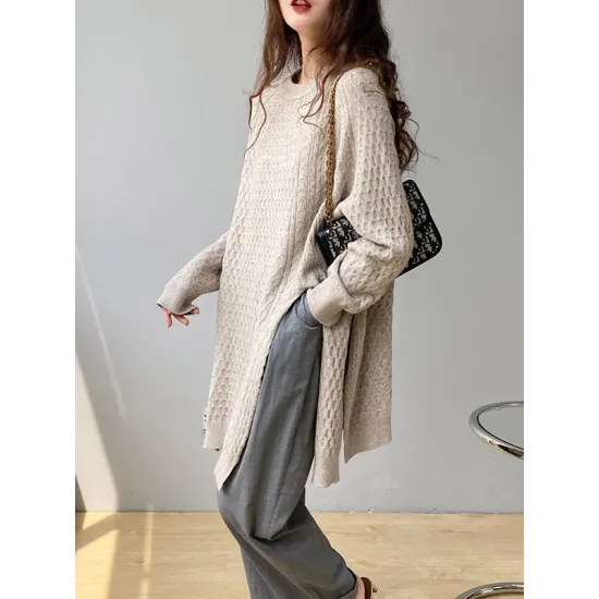 Original Irregular 5 Colors Split-Side Round-Neck Long Sleeves Sweater Top Original Irregular 5 Colors Split-Side Round-Neck Long Sleeves Sweater Top