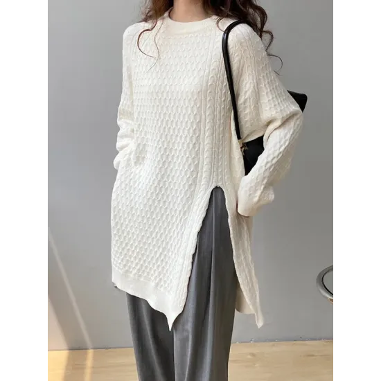 Original Irregular 5 Colors Split-Side Round-Neck Long Sleeves Sweater Top Original Irregular 5 Colors Split-Side Round-Neck Long Sleeves Sweater Top