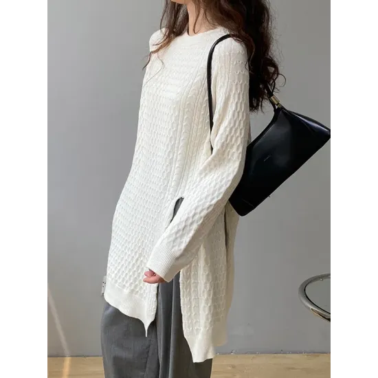 Original Irregular 5 Colors Split-Side Round-Neck Long Sleeves Sweater Top Original Irregular 5 Colors Split-Side Round-Neck Long Sleeves Sweater Top