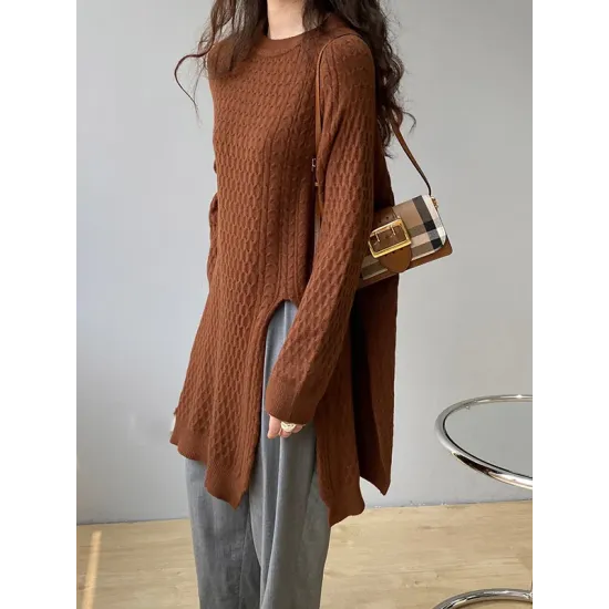 Original Irregular 5 Colors Split-Side Round-Neck Long Sleeves Sweater Top Original Irregular 5 Colors Split-Side Round-Neck Long Sleeves Sweater Top