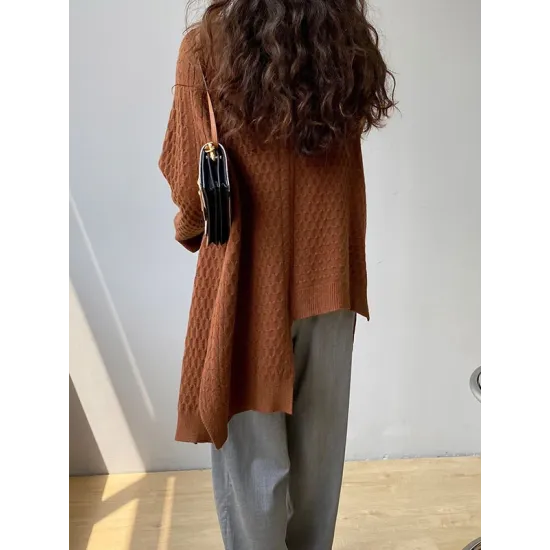 Original Irregular 5 Colors Split-Side Round-Neck Long Sleeves Sweater Top Original Irregular 5 Colors Split-Side Round-Neck Long Sleeves Sweater Top