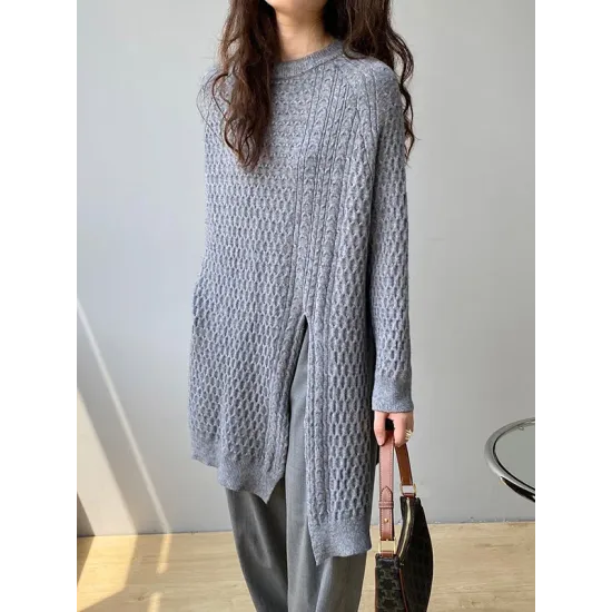 Original Irregular 5 Colors Split-Side Round-Neck Long Sleeves Sweater Top Original Irregular 5 Colors Split-Side Round-Neck Long Sleeves Sweater Top