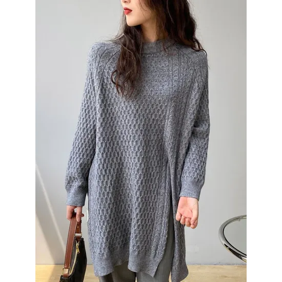 Original Irregular 5 Colors Split-Side Round-Neck Long Sleeves Sweater Top Original Irregular 5 Colors Split-Side Round-Neck Long Sleeves Sweater Top