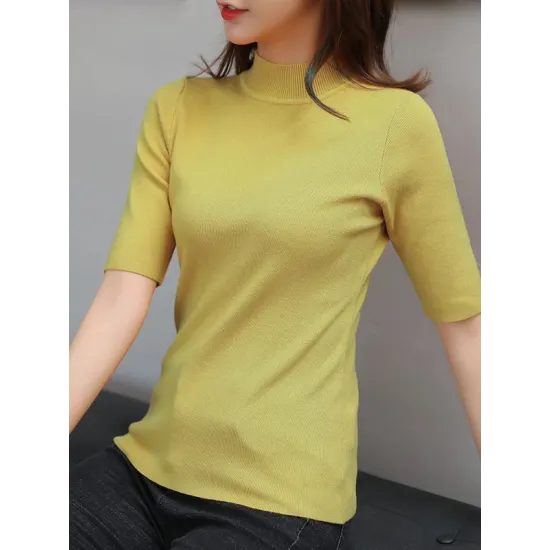15 Colors Knitting Solid Color High-Neck Short Sleeves Pullover 15 Colors Knitting Solid Color High-Neck Short Sleeves Pullover