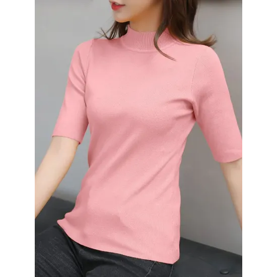 15 Colors Knitting Solid Color High-Neck Short Sleeves Pullover 15 Colors Knitting Solid Color High-Neck Short Sleeves Pullover