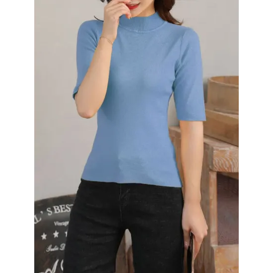 15 Colors Knitting Solid Color High-Neck Short Sleeves Pullover 15 Colors Knitting Solid Color High-Neck Short Sleeves Pullover