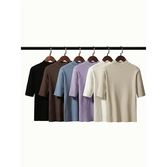 15 Colors Knitting Solid Color High-Neck Short Sleeves Pullover 15 Colors Knitting Solid Color High-Neck Short Sleeves Pullover