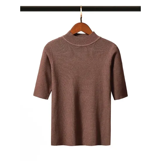 15 Colors Knitting Solid Color High-Neck Short Sleeves Pullover 15 Colors Knitting Solid Color High-Neck Short Sleeves Pullover