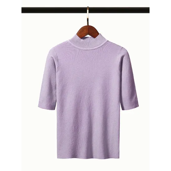15 Colors Knitting Solid Color High-Neck Short Sleeves Pullover 15 Colors Knitting Solid Color High-Neck Short Sleeves Pullover