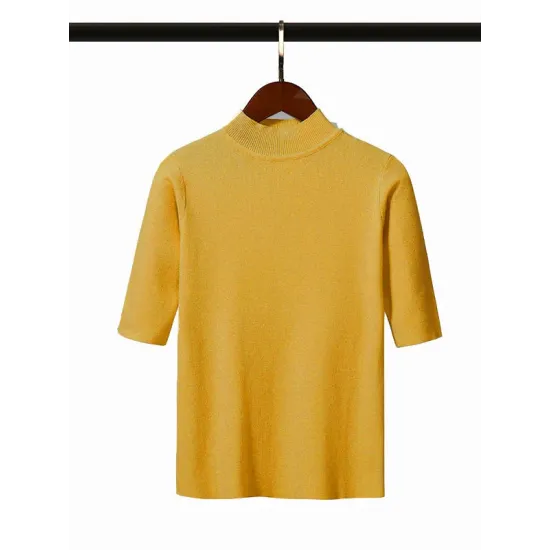 15 Colors Knitting Solid Color High-Neck Short Sleeves Pullover 15 Colors Knitting Solid Color High-Neck Short Sleeves Pullover