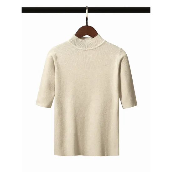 15 Colors Knitting Solid Color High-Neck Short Sleeves Pullover 15 Colors Knitting Solid Color High-Neck Short Sleeves Pullover