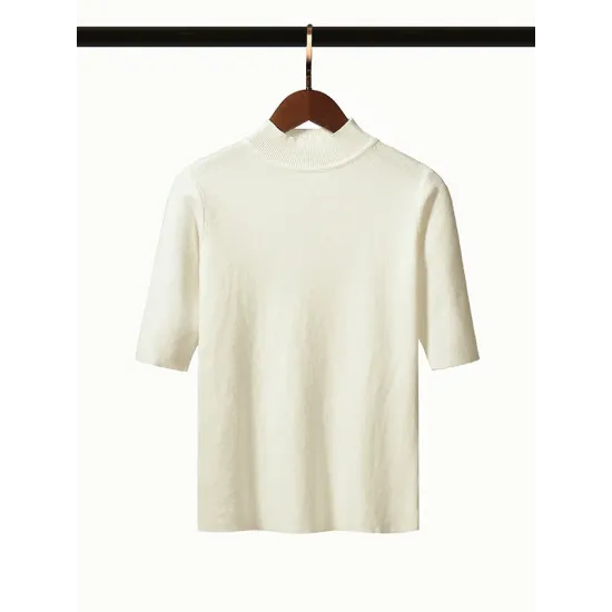 15 Colors Knitting Solid Color High-Neck Short Sleeves Pullover 15 Colors Knitting Solid Color High-Neck Short Sleeves Pullover