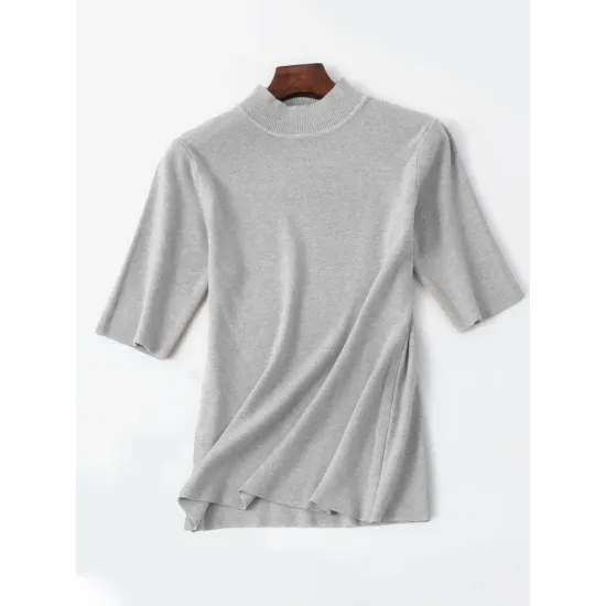 15 Colors Knitting Solid Color High-Neck Short Sleeves Pullover 15 Colors Knitting Solid Color High-Neck Short Sleeves Pullover