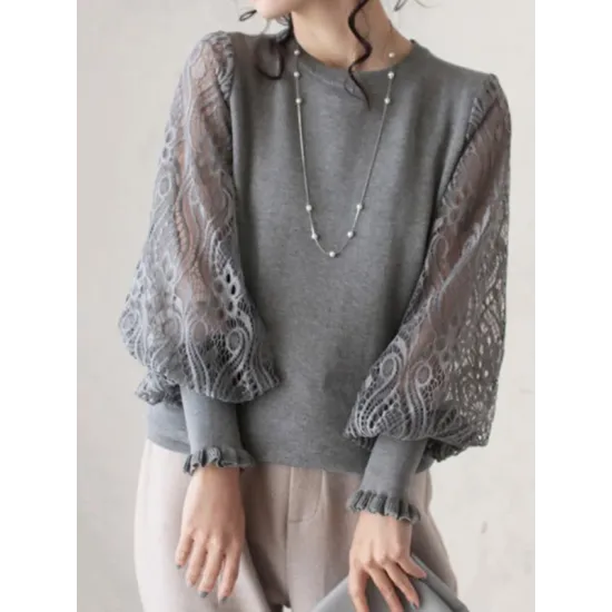 Original Loose Hollow Lace Round-Neck Long Puff Sleeves Sweater Pullovers Original Loose Hollow Lace Round-Neck Long Puff Sleeves Sweater Pullovers