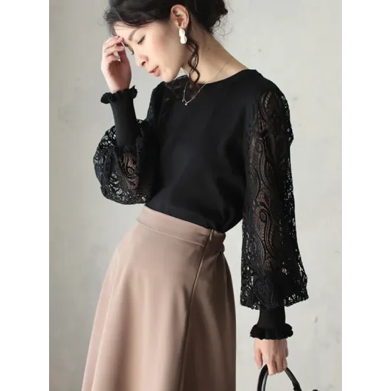 Original Loose Hollow Lace Round-Neck Long Puff Sleeves Sweater Pullovers Original Loose Hollow Lace Round-Neck Long Puff Sleeves Sweater Pullovers