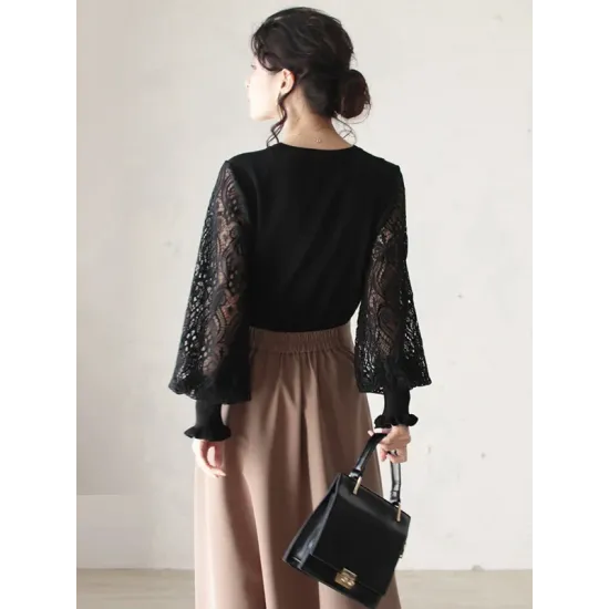 Original Loose Hollow Lace Round-Neck Long Puff Sleeves Sweater Pullovers Original Loose Hollow Lace Round-Neck Long Puff Sleeves Sweater Pullovers
