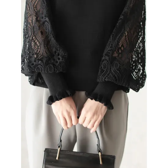 Original Loose Hollow Lace Round-Neck Long Puff Sleeves Sweater Pullovers Original Loose Hollow Lace Round-Neck Long Puff Sleeves Sweater Pullovers