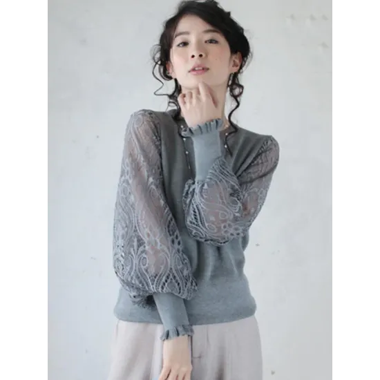 Original Loose Hollow Lace Round-Neck Long Puff Sleeves Sweater Pullovers Original Loose Hollow Lace Round-Neck Long Puff Sleeves Sweater Pullovers
