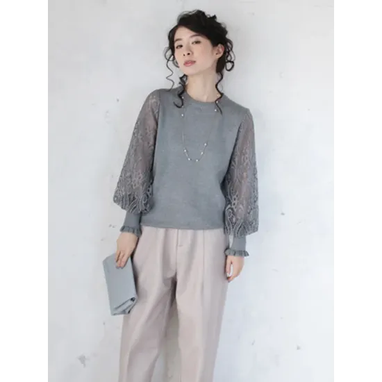 Original Loose Hollow Lace Round-Neck Long Puff Sleeves Sweater Pullovers Original Loose Hollow Lace Round-Neck Long Puff Sleeves Sweater Pullovers