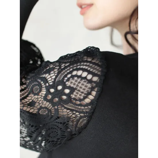 Original Loose Hollow Lace Round-Neck Long Puff Sleeves Sweater Pullovers Original Loose Hollow Lace Round-Neck Long Puff Sleeves Sweater Pullovers