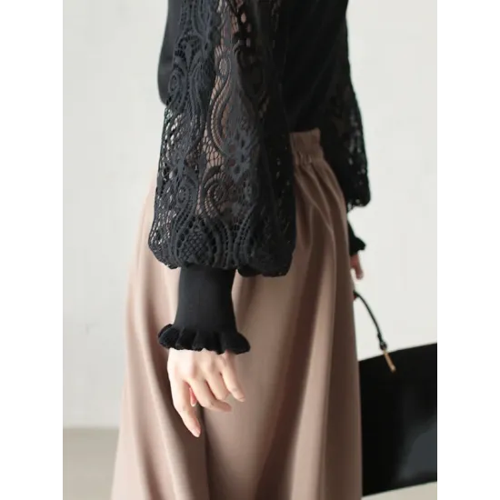 Original Loose Hollow Lace Round-Neck Long Puff Sleeves Sweater Pullovers Original Loose Hollow Lace Round-Neck Long Puff Sleeves Sweater Pullovers