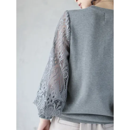 Original Loose Hollow Lace Round-Neck Long Puff Sleeves Sweater Pullovers Original Loose Hollow Lace Round-Neck Long Puff Sleeves Sweater Pullovers
