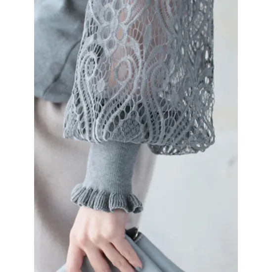 Original Loose Hollow Lace Round-Neck Long Puff Sleeves Sweater Pullovers Original Loose Hollow Lace Round-Neck Long Puff Sleeves Sweater Pullovers