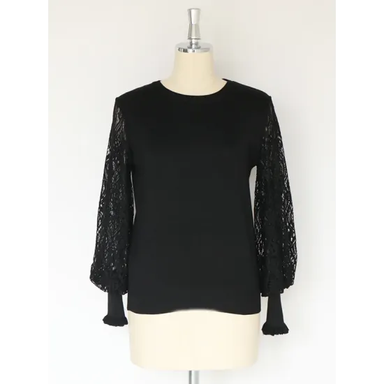 Original Loose Hollow Lace Round-Neck Long Puff Sleeves Sweater Pullovers Original Loose Hollow Lace Round-Neck Long Puff Sleeves Sweater Pullovers