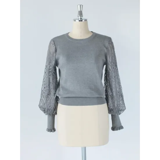 Original Loose Hollow Lace Round-Neck Long Puff Sleeves Sweater Pullovers Original Loose Hollow Lace Round-Neck Long Puff Sleeves Sweater Pullovers