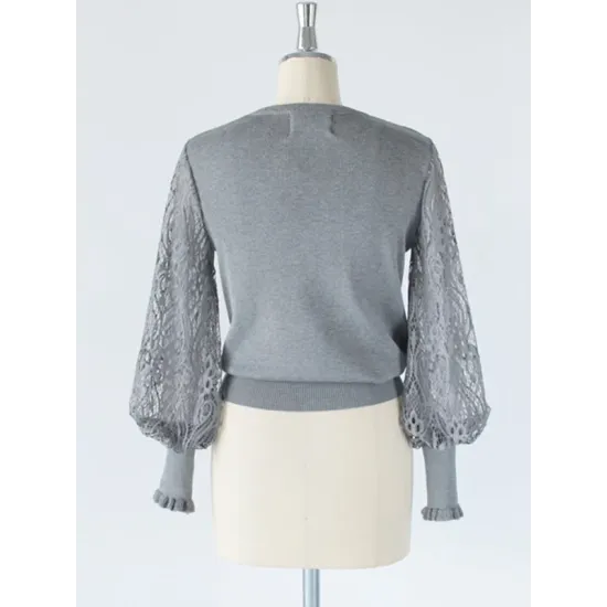 Original Loose Hollow Lace Round-Neck Long Puff Sleeves Sweater Pullovers Original Loose Hollow Lace Round-Neck Long Puff Sleeves Sweater Pullovers