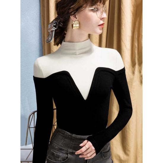 Vintage Contrast Color High-Neck Long Sleeves Pullover Vintage Contrast Color High-Neck Long Sleeves Pullover