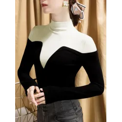 Vintage Contrast Color High-Neck Long Sleeves Pullover