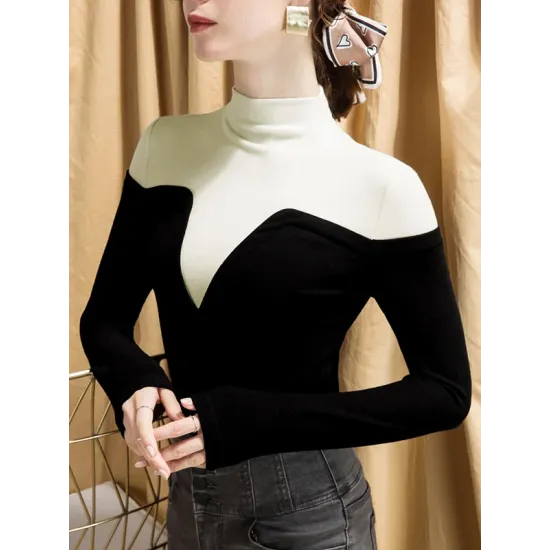 Vintage Contrast Color High-Neck Long Sleeves Pullover Vintage Contrast Color High-Neck Long Sleeves Pullover