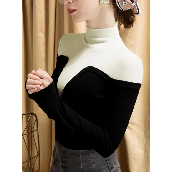 Vintage Contrast Color High-Neck Long Sleeves Pullover Vintage Contrast Color High-Neck Long Sleeves Pullover