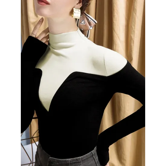 Vintage Contrast Color High-Neck Long Sleeves Pullover Vintage Contrast Color High-Neck Long Sleeves Pullover