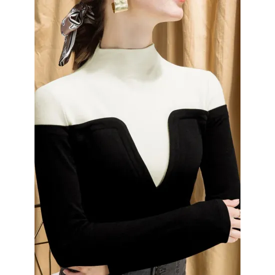 Vintage Contrast Color High-Neck Long Sleeves Pullover Vintage Contrast Color High-Neck Long Sleeves Pullover