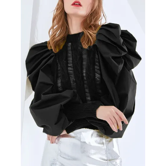 Original Skinny Puff Sleeves Hollow Split-Joint Round-Neck Sweater Tops Original Skinny Puff Sleeves Hollow Split-Joint Round-Neck Sweater Tops
