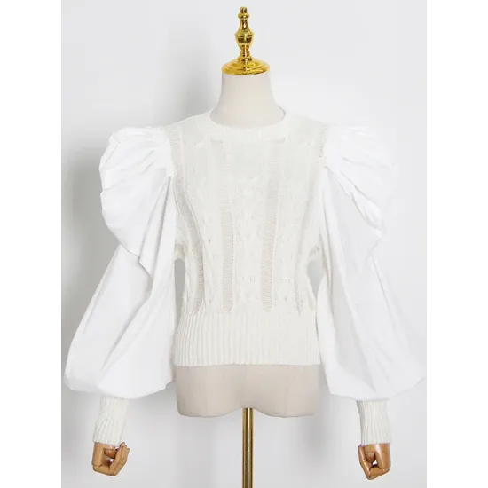 Original Skinny Puff Sleeves Hollow Split-Joint Round-Neck Sweater Tops Original Skinny Puff Sleeves Hollow Split-Joint Round-Neck Sweater Tops
