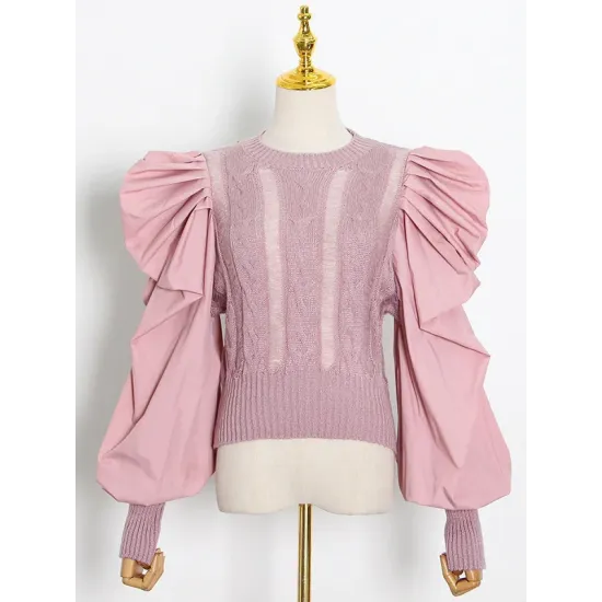 Original Skinny Puff Sleeves Hollow Split-Joint Round-Neck Sweater Tops Original Skinny Puff Sleeves Hollow Split-Joint Round-Neck Sweater Tops
