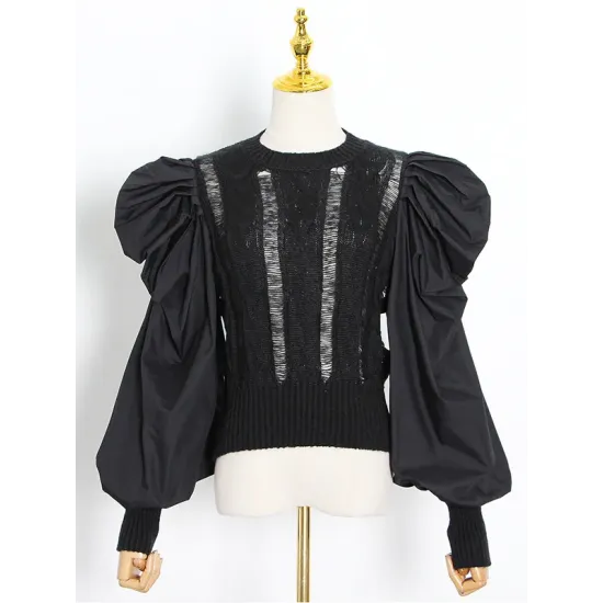 Original Skinny Puff Sleeves Hollow Split-Joint Round-Neck Sweater Tops Original Skinny Puff Sleeves Hollow Split-Joint Round-Neck Sweater Tops