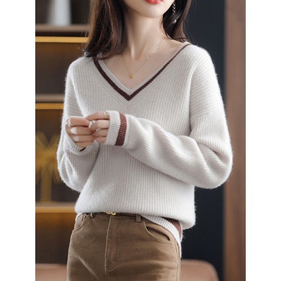 Urban Loose Long Sleeves Contrast Color V-Neck Sweater Tops Urban Loose Long Sleeves Contrast Color V-Neck Sweater Tops