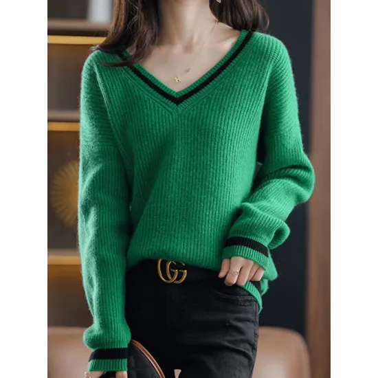 Urban Loose Long Sleeves Contrast Color V-Neck Sweater Tops Urban Loose Long Sleeves Contrast Color V-Neck Sweater Tops