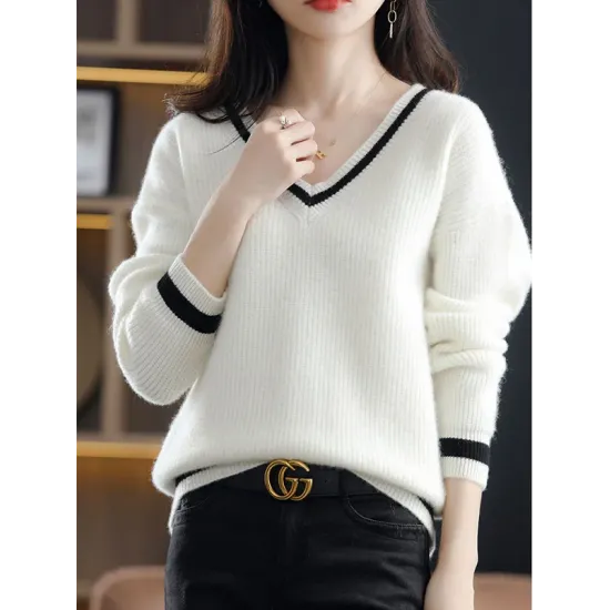 Urban Loose Long Sleeves Contrast Color V-Neck Sweater Tops Urban Loose Long Sleeves Contrast Color V-Neck Sweater Tops