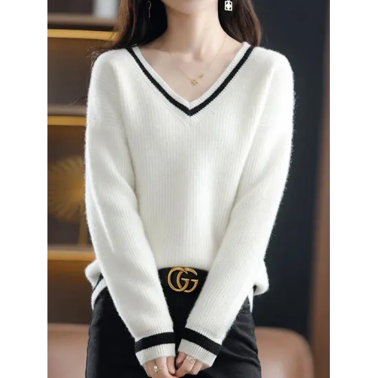 Urban Loose Long Sleeves Contrast Color V-Neck Sweater Tops Urban Loose Long Sleeves Contrast Color V-Neck Sweater Tops
