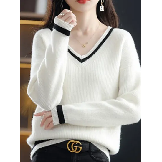Urban Loose Long Sleeves Contrast Color V-Neck Sweater Tops Urban Loose Long Sleeves Contrast Color V-Neck Sweater Tops